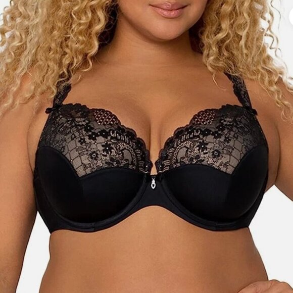 CURVY COUTURE Tulip Lace Push Up Balconette Bra in Black - Size 34G - Picture 1 of 13